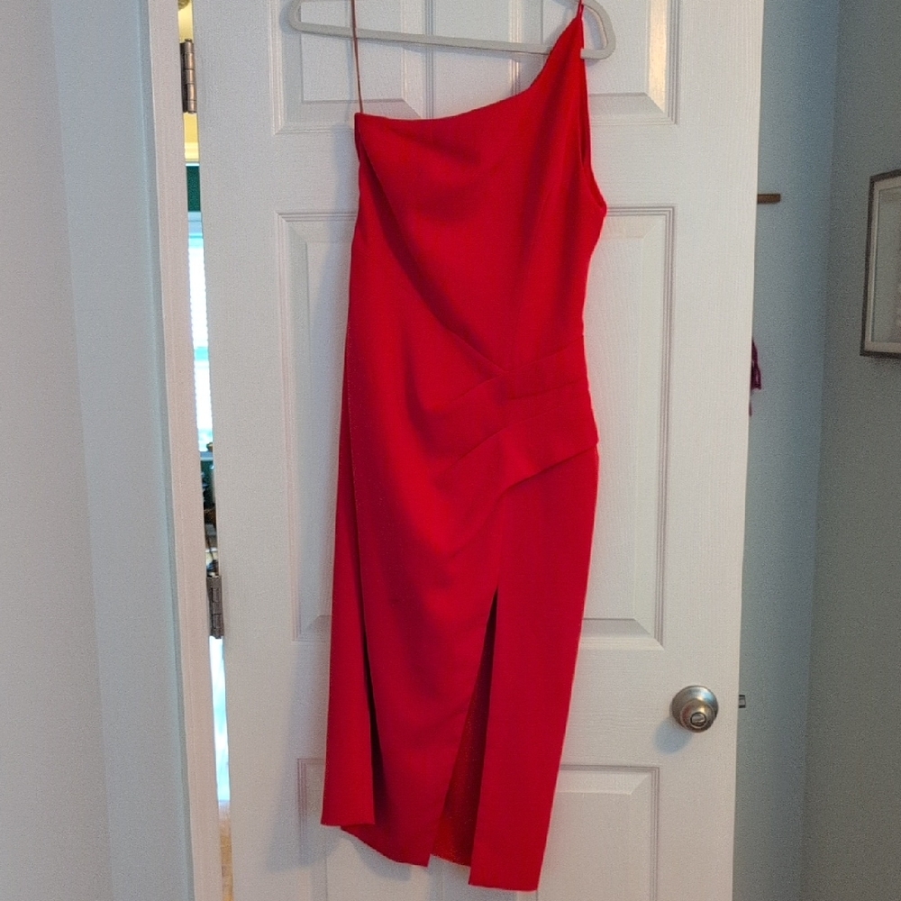 Bright Red-orange, One Shoulder Midi Cocktail Dress With Slit